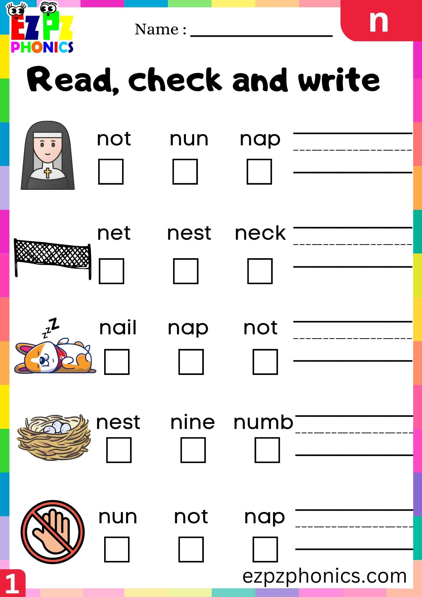 Letter N Read, Check And Write Beginning Sounds Worksheet